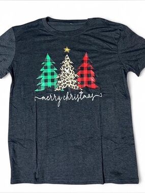 Large Merry Christmas graphic tee with three trees in different patterns